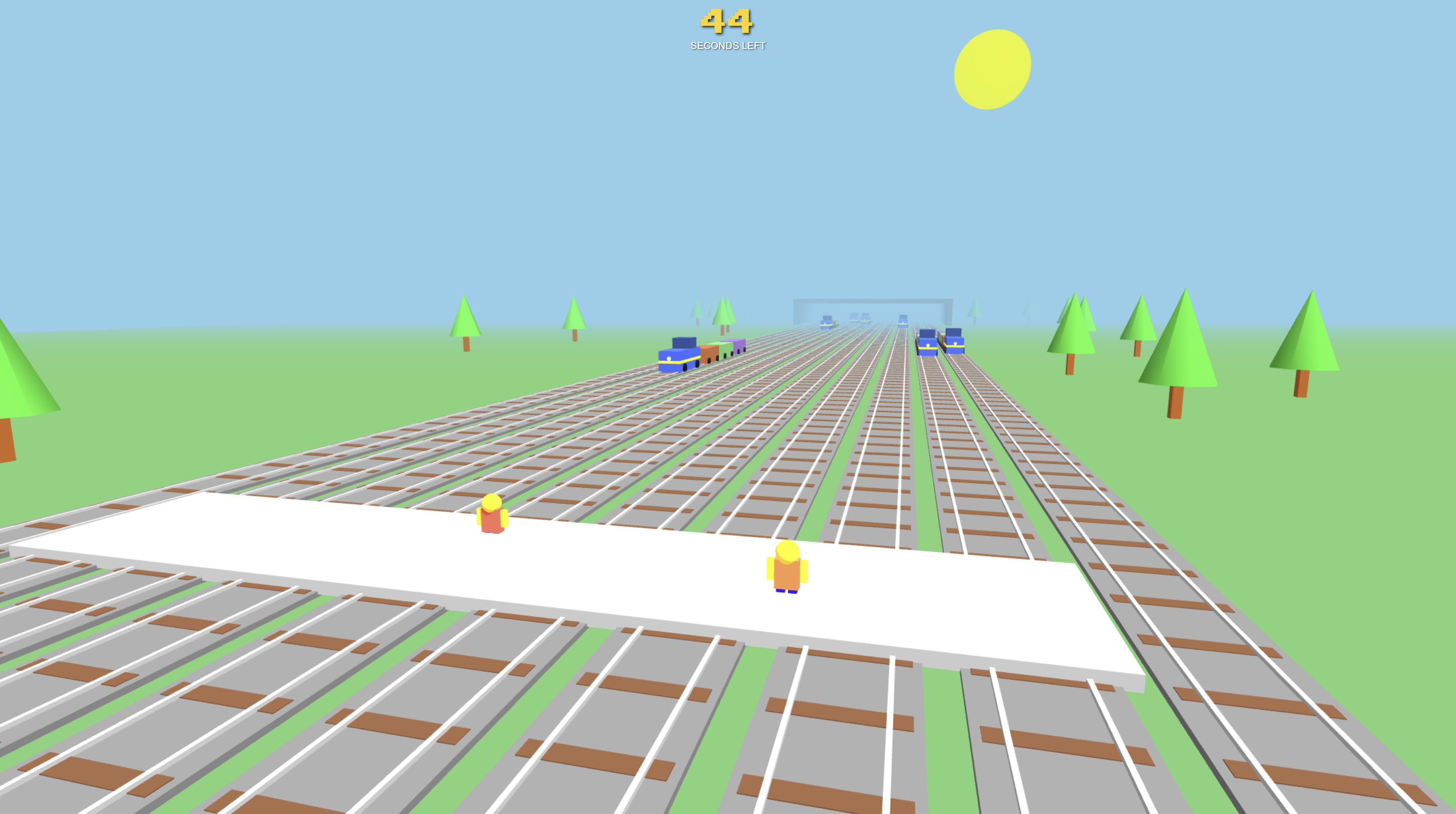 Nicko and the Trains minigame showing a player dodging trains at a railway junction