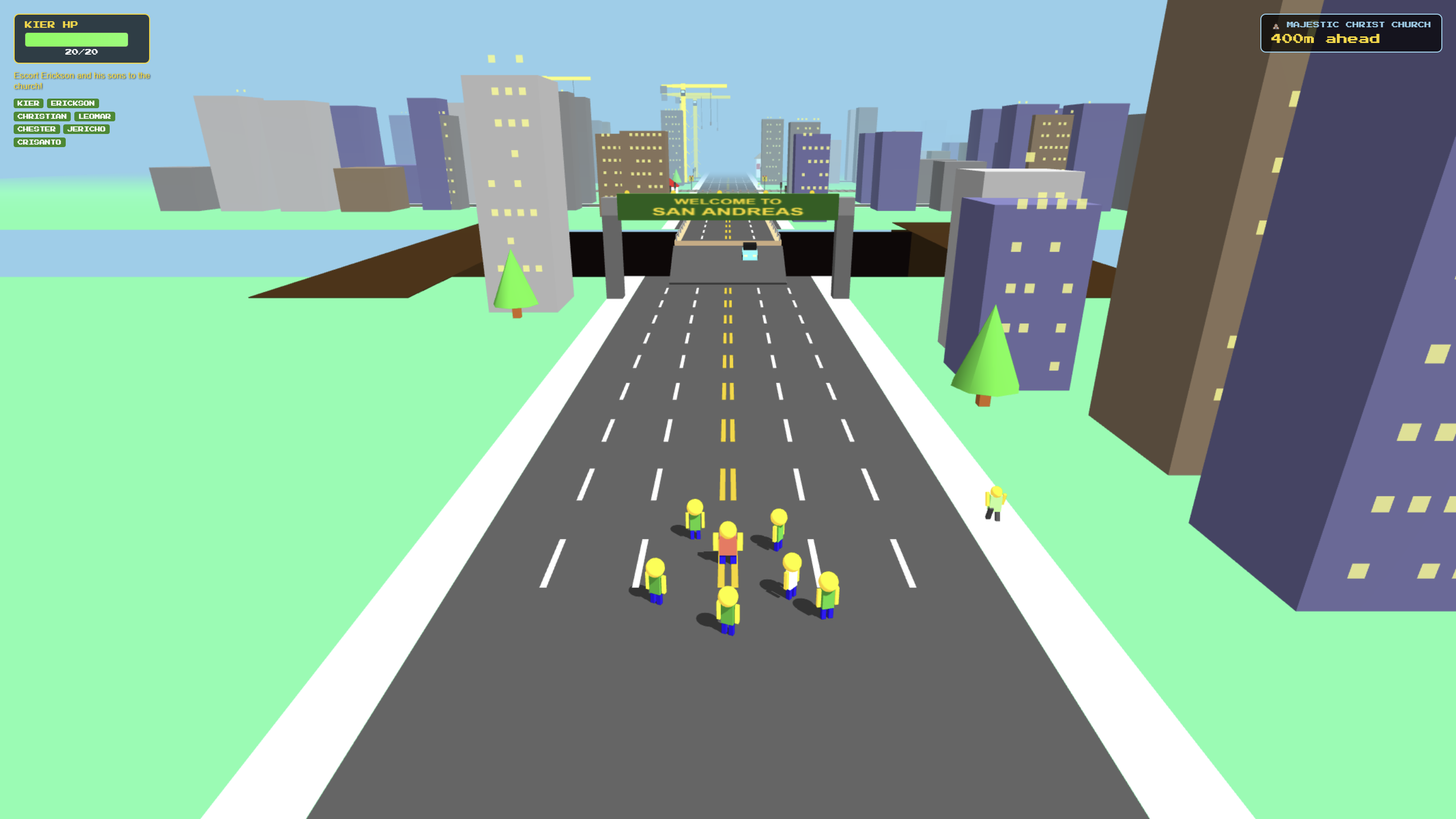 Son of Erickson minigame showing a group running down a road toward San Andreas