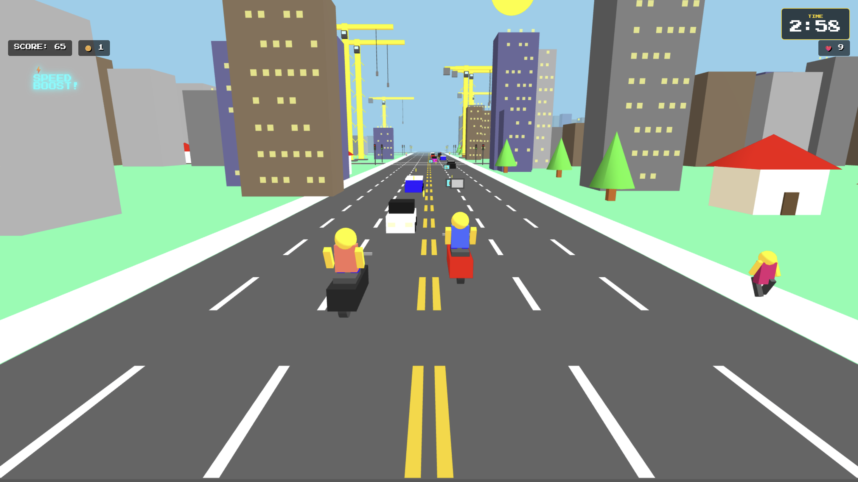Leomar's Leomotor minigame showing riders racing through a busy city street