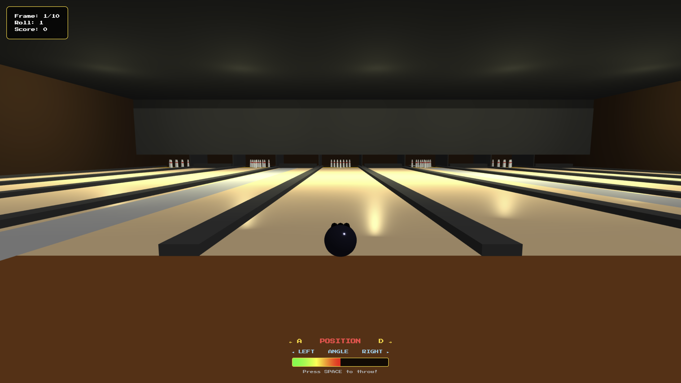 Break Through Bowling minigame viewed from a bowling lane toward the pins
