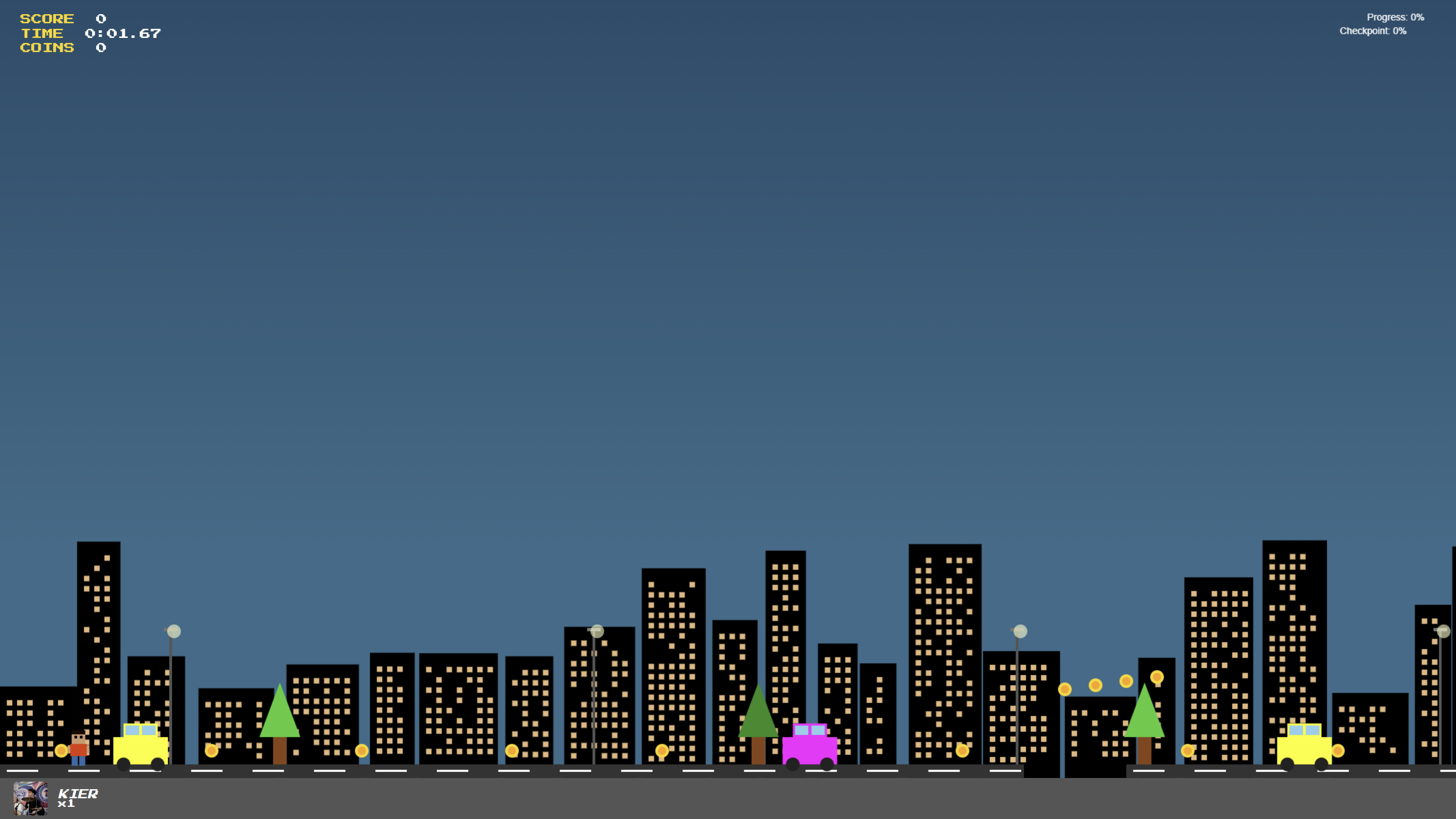 On the Way to CRT minigame showing a character platforming above a nighttime city