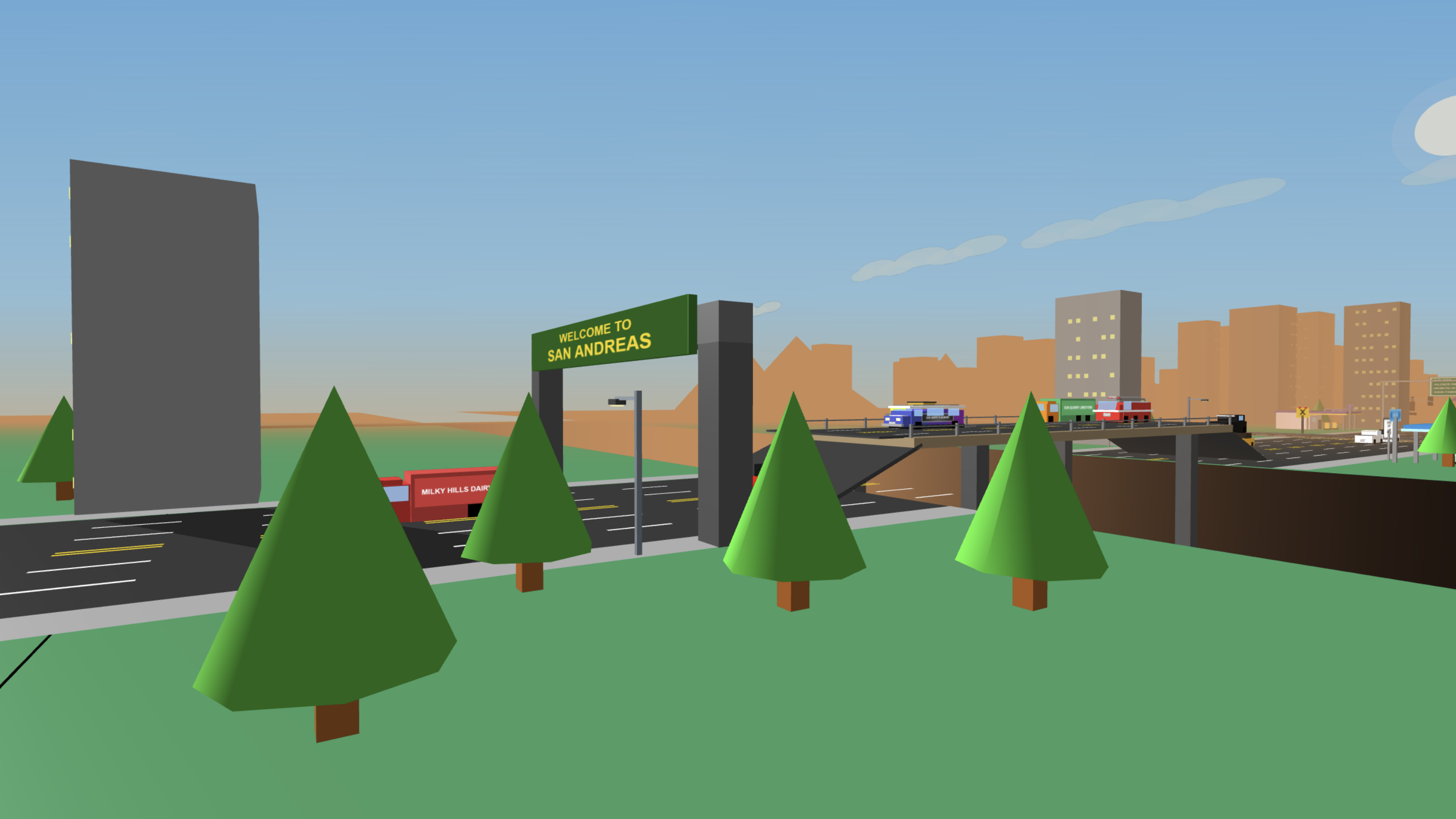 The wooded entrance to San Andreas at dawn with the city in the distance
