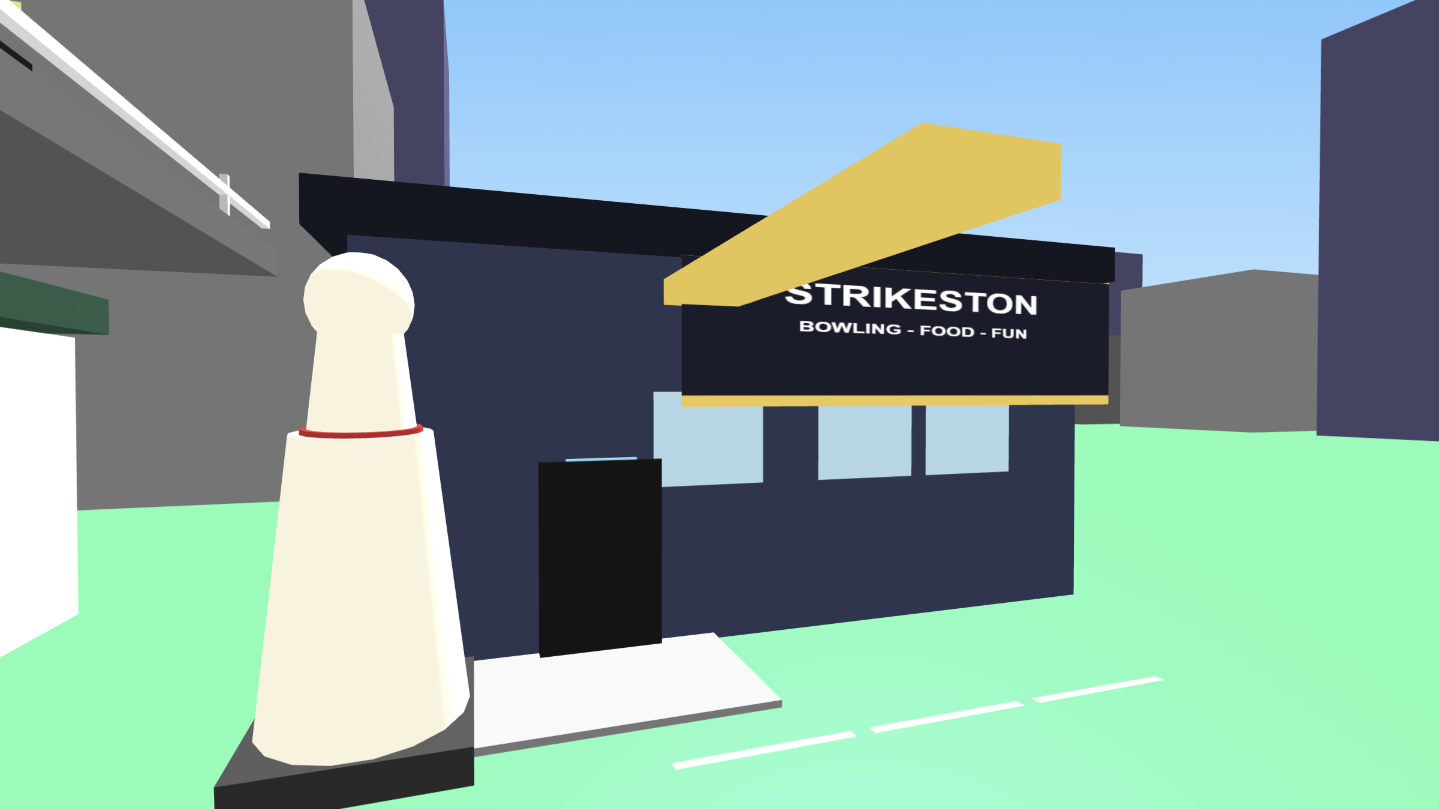 The giant bowling pin and entrance sign outside Strikeston bowling center
