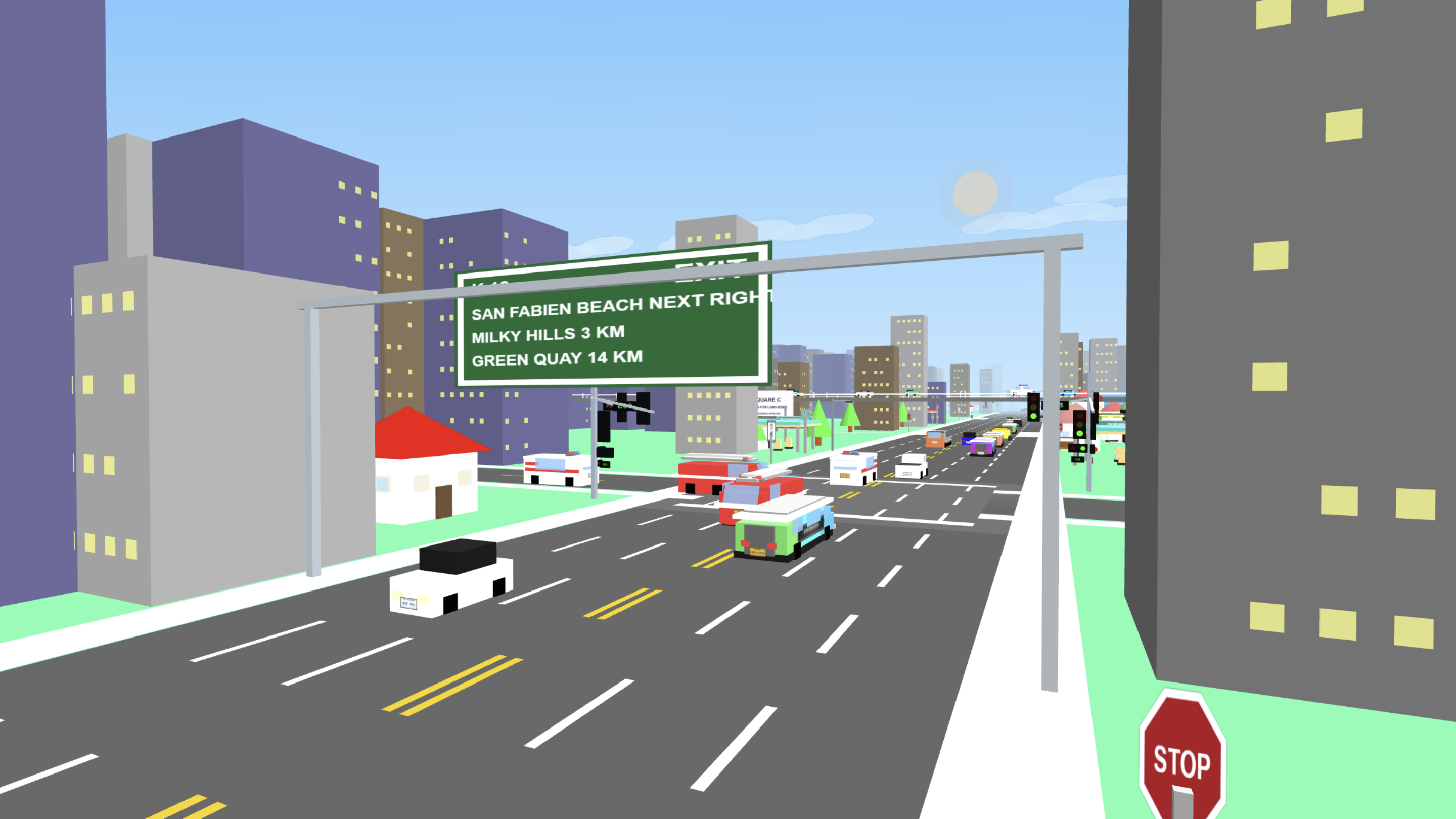 A busy multi-lane road leading into the colorful city of San Andreas