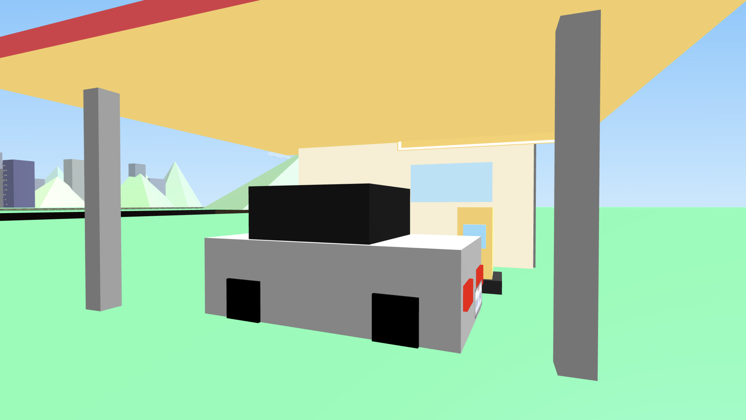 A gray car parked beneath the bright canopy of a San Andreas gas station