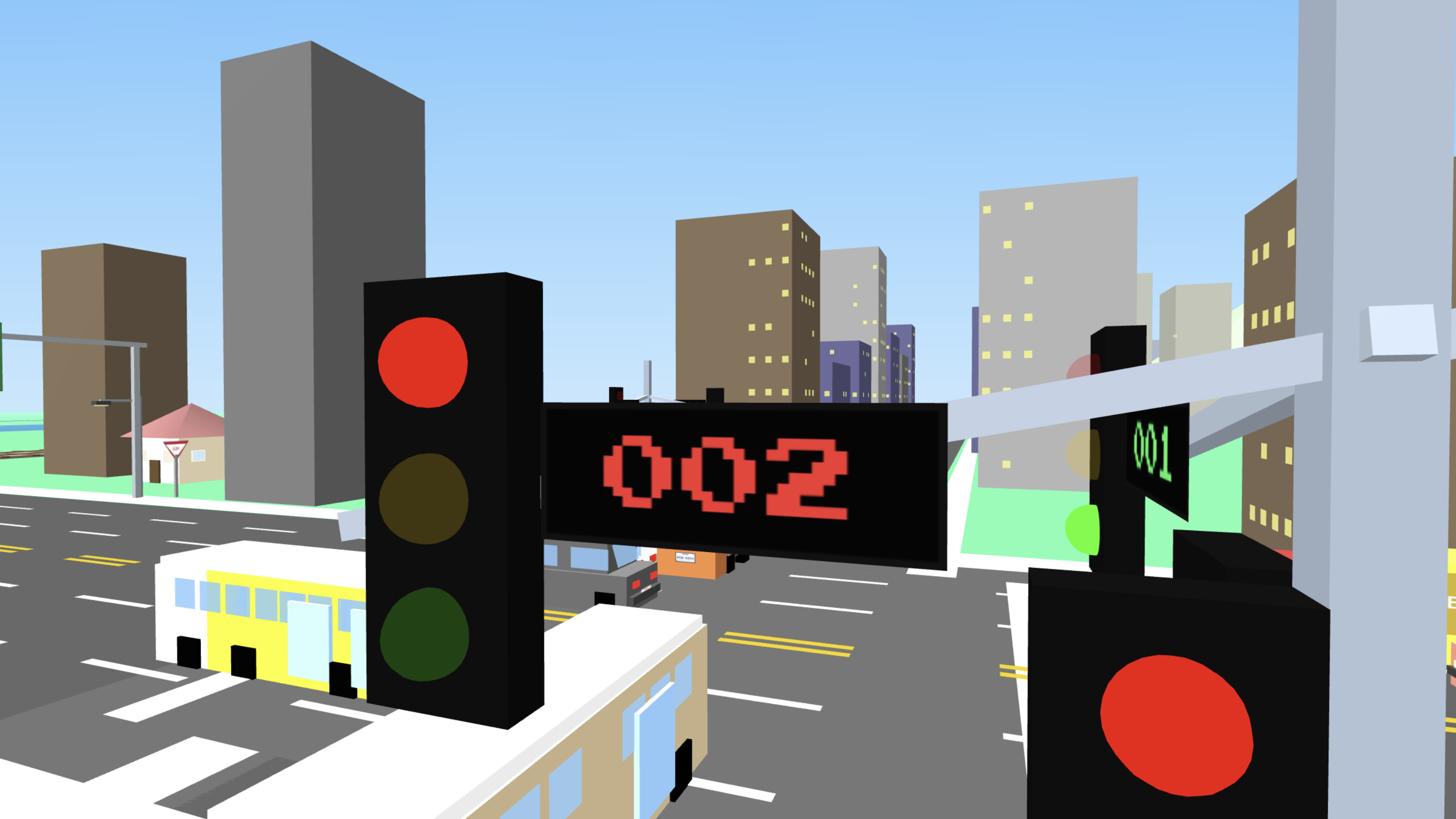 A San Andreas intersection crowded with bright red traffic lights and a countdown display